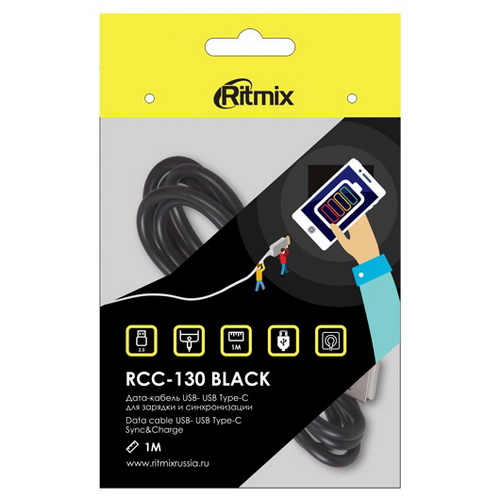 Кабель RITMIX RCC-130, черный, USB 2.0 - USB Type-C, 1 м. (1/100)