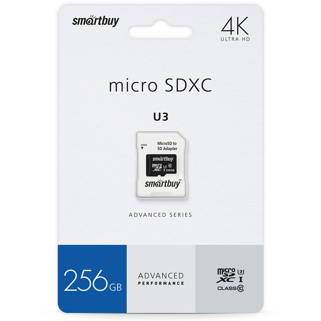 MicroSDXC  256GB  Smart Buy Class 10 Advanced U3 V30 A1 UHS-I (90/55 Mb/s) + SD адаптер