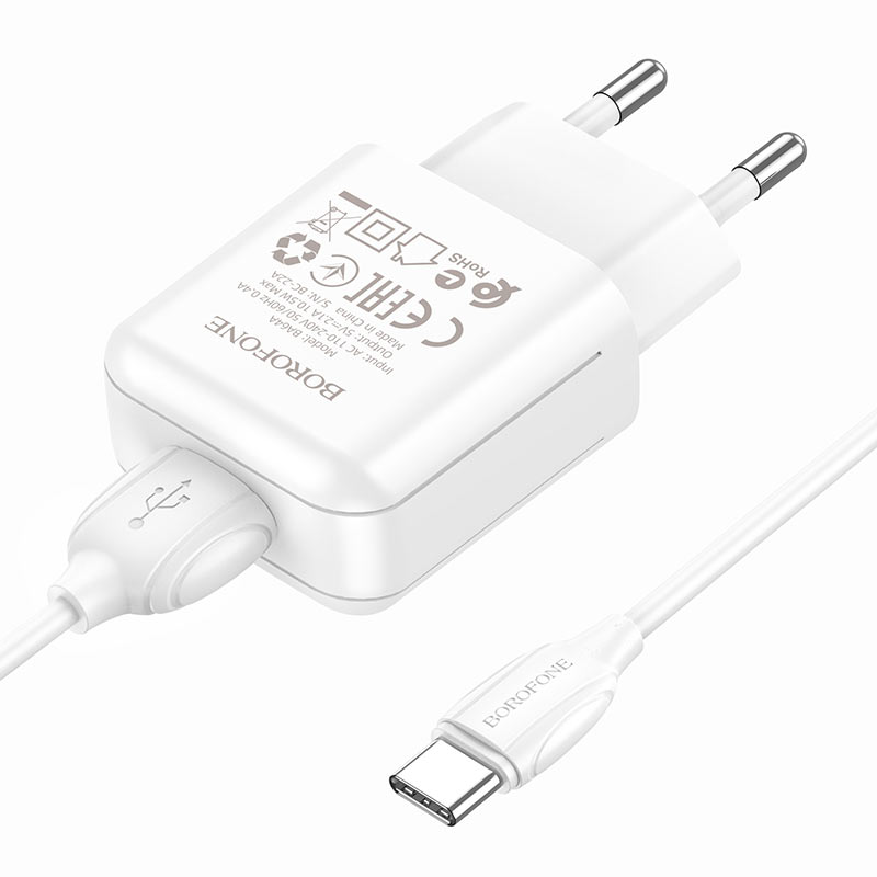 Блок питания сетевой 1 USB Borofone BA64A, 2100mA, кабель Type-C, 1.0 м, цвет: белый (1/64/256)