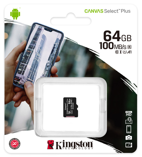 MicroSD  64GB  Kingston Class 10 Canvas Select Plus A1 (100 Mb/s) без адаптера