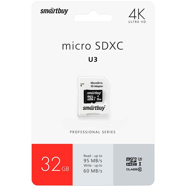 MicroSD  32GB  Smart Buy Сlass 10  Pro UHS-I U3 (60/95 Mb/s)+ SD адаптер