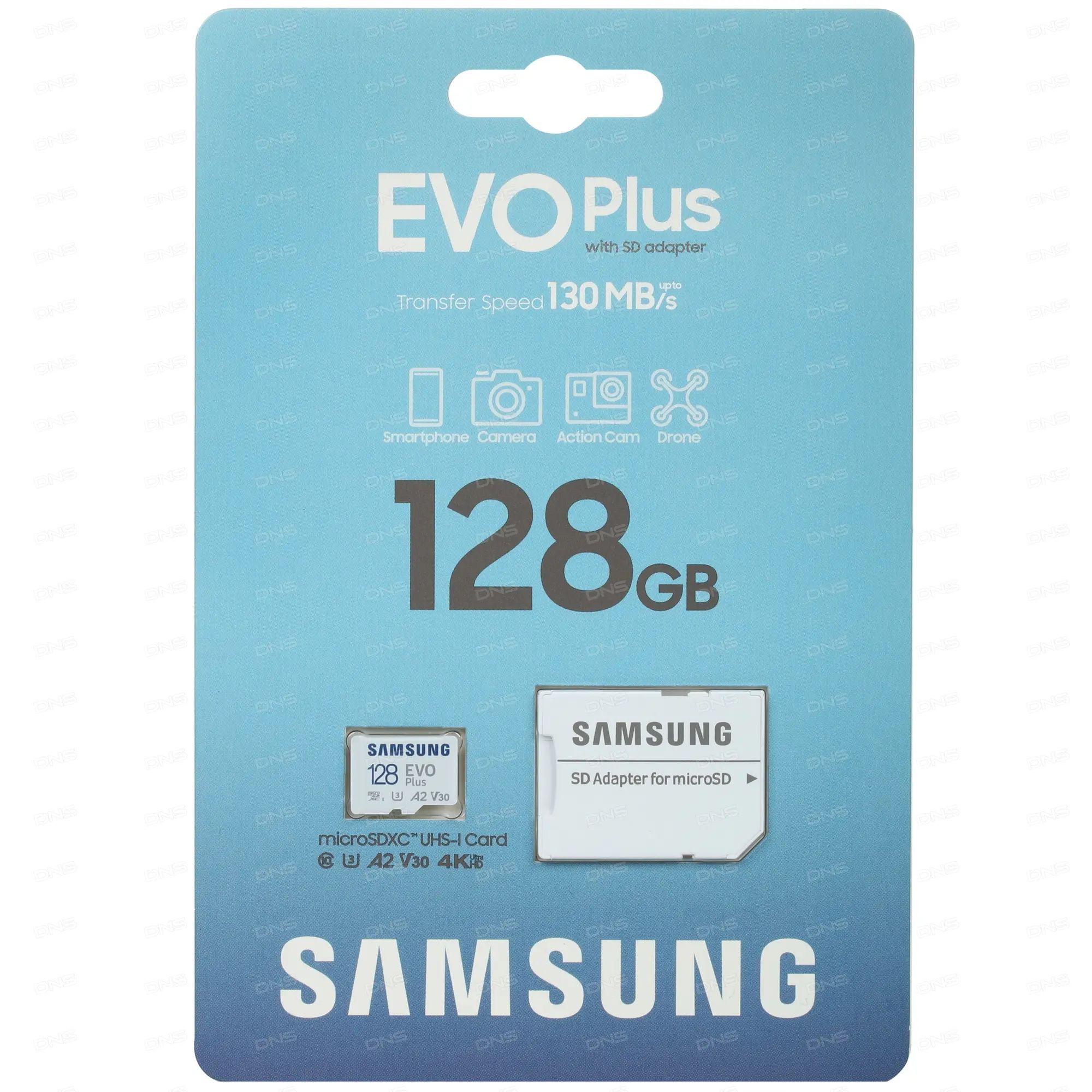 MicroSD  128GB  Samsung Class 10 Evo Plus U1 (R/W 130 MB/s) + SD адаптер