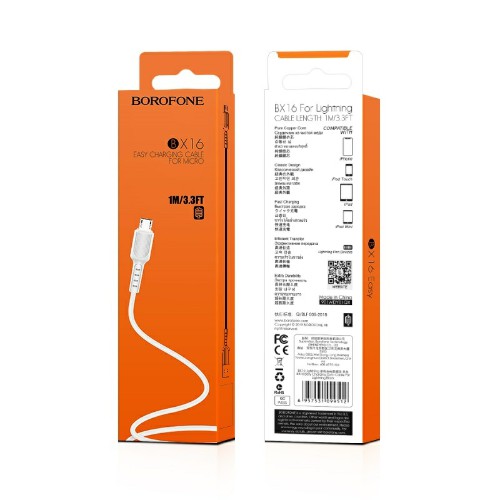 Кабель USB - микро USB Borofone BX16 Easy, 1.0м, круглый, 2.0A, ПВХ, цвет: белый(1/648)