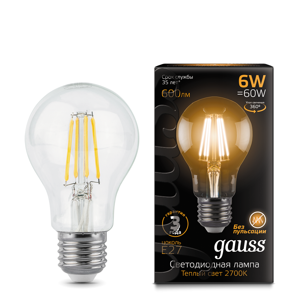 Лампа светодиодная GAUSS Filament А60 6W 600lm 2700К Е27 1/10/40
