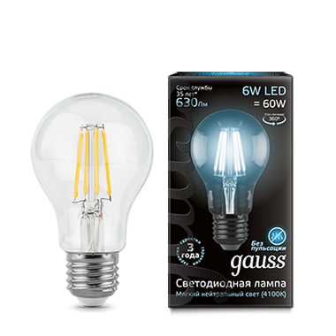 Лампа светодиодная GAUSS Filament А60 6W 630lm 4100К Е27 1/10/40