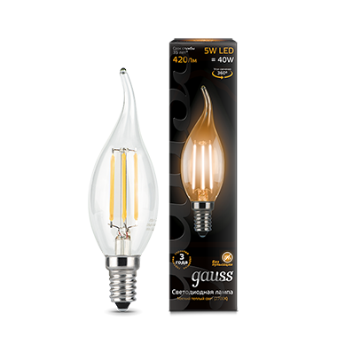 Лампа светодиодная GAUSS Filament Свеча на ветру 5W 420lm 2700К Е14 1/10/50