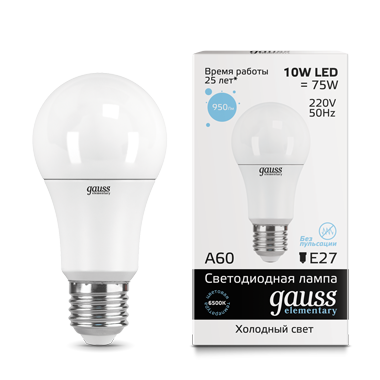 Лампа светодиодная GAUSS Elementary A60 10W 950lm 6500K Е27 1/10/50