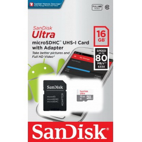 MicroSD  16GB  SanDisk Class 10 Ultra Android UHS-I (80 Mb/s) + SD адаптер