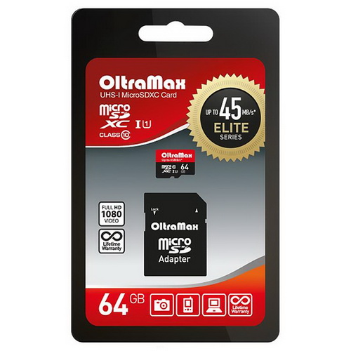 MicroSD  64GB  OltraMax Class 10 Elite UHS-I (45 Mb/s) + SD адаптер