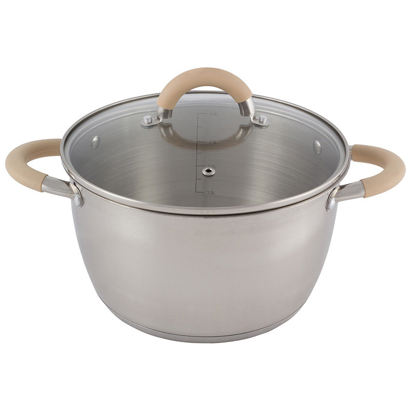 Кастрюля Fortuna, объем 4,5 л, из нерж стали с крышкой, матовый корпус, ручки с силиконом (1/4)