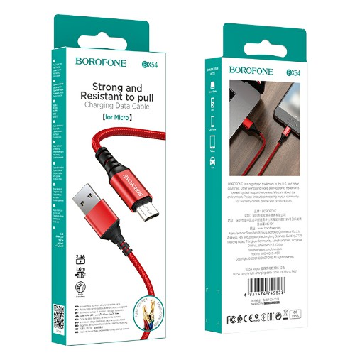 Кабель USB - микро USB Borofone BX54, 1.м, 2.4A, нейлон,  цвет: красный (1/360)