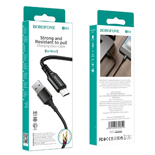 Кабель USB - микро USB Borofone BX54, 1.м, 2.4A, нейлон,  цвет: черный (1/360)