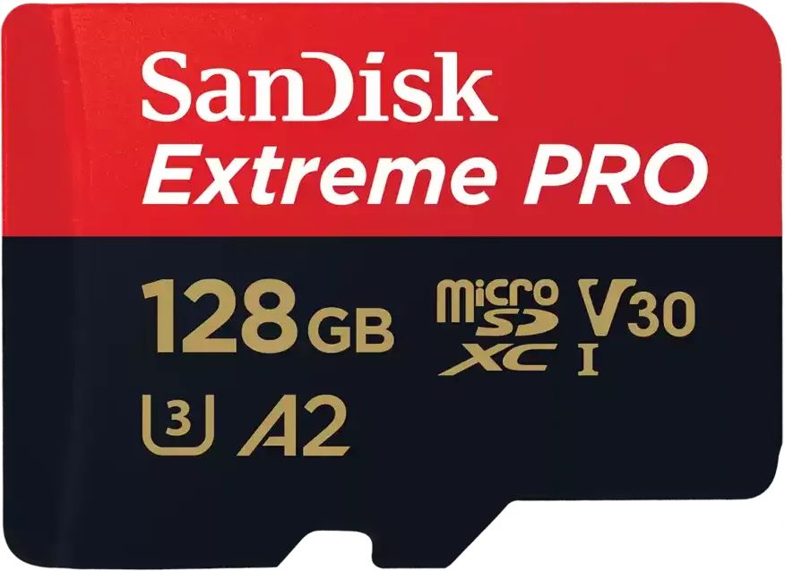 MicroSD  128GB  SanDisk Class 10 Extreme Pro A2 V30 UHS-I U3 (200 Mb/s) + SD адаптер