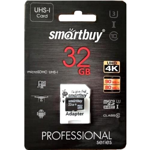 MicroSD  32GB  Smart Buy Сlass 10  Pro UHS-I U3 (70/90 Mb/s)+ SD адаптер