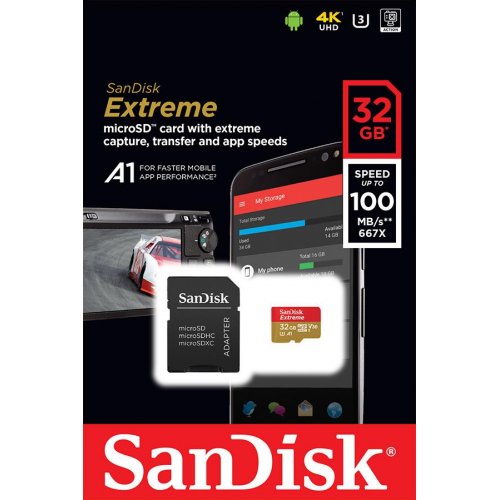 MicroSD  32GB  SanDisk Class 10 Extreme UHS-I A1 V30 U3 (100 Mb/s) + SD адаптер