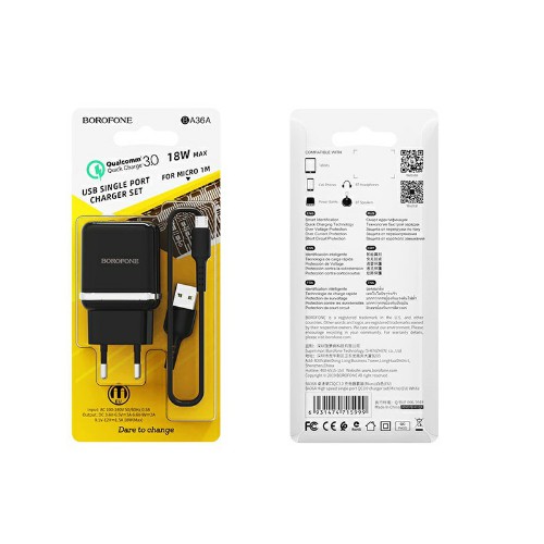 Блок питания сетевой 1 USB Borofone BA36A, Hight Speed, пластик, QC3.0, кабель микро USB, цвет: чёрн