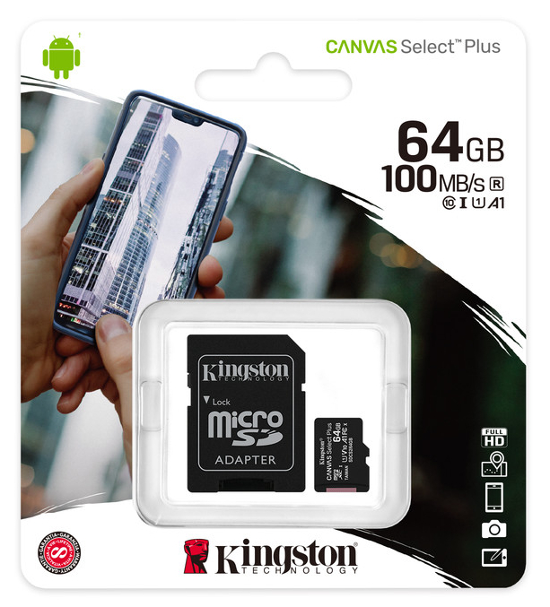 MicroSD  64GB  Kingston Class 10 Canvas Select Plus A1 (100 Mb/s) + SD адаптер