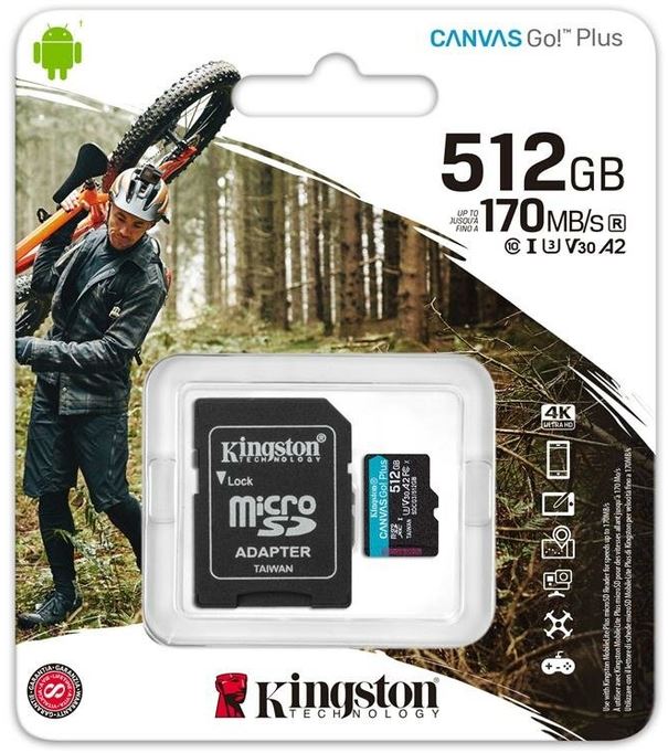 MicroSDXC  512GB  Kingston Class 10 Canvas Go Plus UHS-I U3 V30 A2 (170/70 Mb/s) + SD адаптер